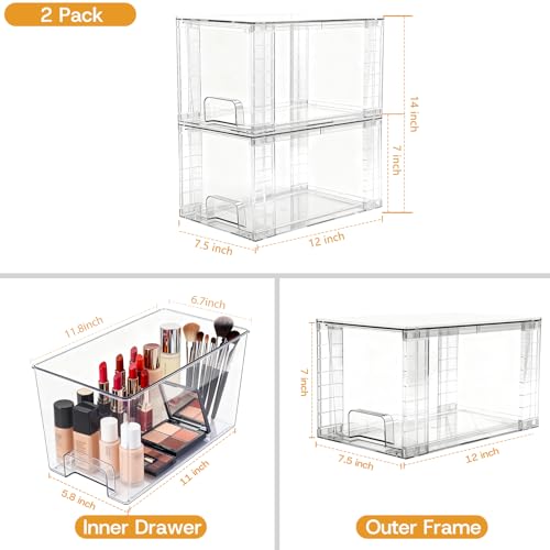 2 Pack Stackable Acrylic Storage Drawers – Clear Plastic Organizer Bins, Easy to Assemble, Suitable for Bathroom, Undersink, Kitchen, Pantry, Makeup, Medicine Organization - size: 2Pack 7"H