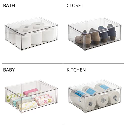 mDesign Plastic Stackable Bathroom Storage Organizer Bin Containers with Front Pull Drawer for Bathroom Countertop, Vanity, Closet Shelves - Holder for Accessories - Lumiere Collection, 2 Pack, Clear - size: 16 x 12 x 6 (Pack of 2)