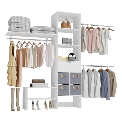 8ft Closet System with Drawers, 99 Inches Walk in Closet Organizer System with 3 Hanging Rods, Adjustable Built in Closets Systems, Sturdy Closets Insert, Easy Assembly, Max Load 1000 Lbs, White
