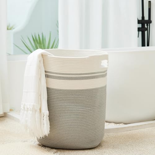 Casaphoria Woven Rope Laundry Hamper, Bin for Living Room, Storage Basket, Blanket Container, Dirty Clothes Hamper 16x13x22in - Light Gray - color: Light Gray