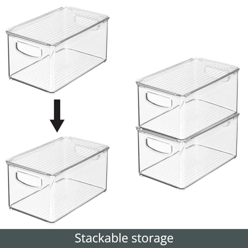 mDesign Plastic Deep Storage Bin Box Container with Lid and Built-In Handles - Organization for Fruit, Snacks, or Food in Kitchen Pantry, Cabinet, or Cupboard, Ligne Collection, 8 Pack, Clear - size: 10.6 x 6.2 x 5.2 (Pack of 8)