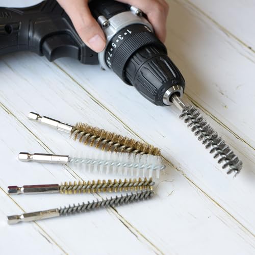 HARFINGTON 5Pcs Bore Brush Brass 8mm Dia Cleaning Twisted Bronze Wire Brush Tube Pipe Cleaner with Handle 1/4 Inch Hex Shank for Tubes, Ports, Bearings