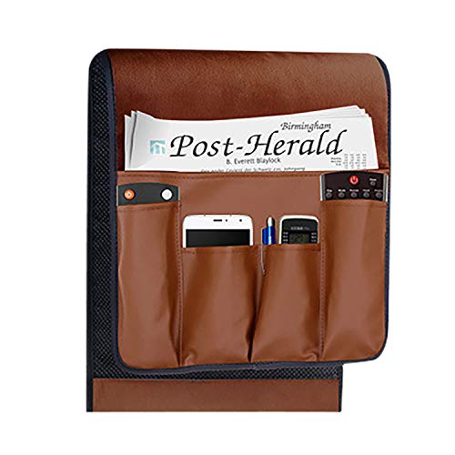 IPENNY No-slip Leather Sofa Couch Remote Control Holder Chair Armrest Caddy Pocket Organizer Storage Bag for Cellphone Tablet Notepad Book Magazines DVD Eyewears Drinker Snacks Holder Pouch - color: Coffee (Leather + Suede fabric)
