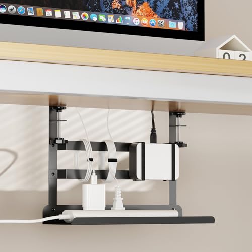 YECAYE Under Desk Cable Management Tray, No Drill Clamp Mount Metal Cable Management Tray with Desk Protection Pads, Under Desk Organizer Easy Installation with Hook & Loop Straps for Home Office