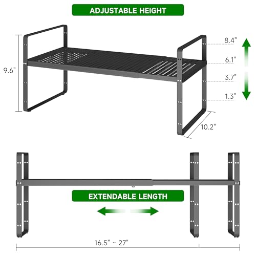 Expandable Kitchen Cabinet Shelf Organizer Rack Heavy Duty Metal Spice Rack Stackable Kitchen Counter Storage Shelf for Kitchen Cabinet Pantry Bathroom (Black - 16.5"-27" L x 10.2" W x 9.6" H - 2Pack) - color: Black - 16.5"-27" L x 10.2" W x 9.6" H - 2Pac