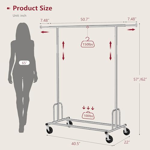 Tajsoon Heavy Duty Clothes Rack Foldable Garment Rack with Wheels and Extendable Rod, Freestanding Clothing Rack for Hanging Clothes, Adjustable ＆ Collapsible Rolling Racks with Bottom Shelf, Chrome - style: Single Rod Heavy Duty