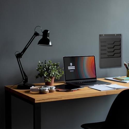 4 Tier Wall Mounted File Organizer, Metal Task Rack for Office Documents, Mail & Folders, Space-Saving Office Wall Organizer, Black 19.5”H - color: Black