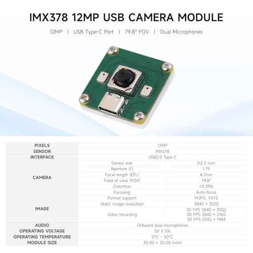 Waveshare IMX378 12MP USB Camera (A), Supports 30 FPS Output, Better Sensitivity in Low-Light Condition, Distortion-Free, Onboard Dual Microphones