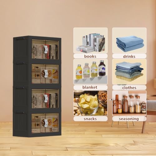 51QT Stackable Storage Bins with Lids & Wheels - Foldable Cabinet Clear Door Plastic Organizer Containers for Home, Garage, Pantry Organization - Collapsible Design Gray 4T - size: 51Qt/13Gal-4Packs/1Top Lid