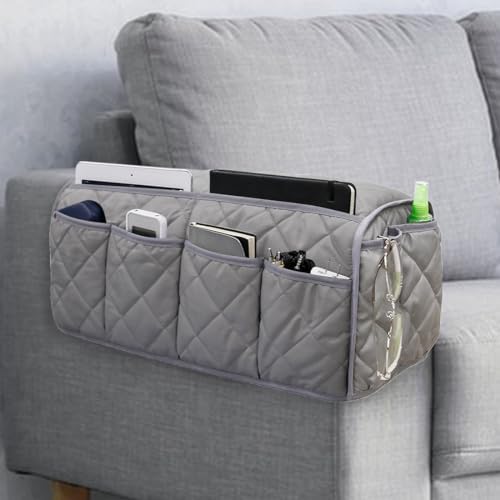 Armchair Caddy,Non Slip Sofa Armrest Organizer, Couch Armrest Remote Control Holder,Waterproof Recliner Arm Caddy with 14 Pockets for Cell Phone TV Remote Control - color: Grey