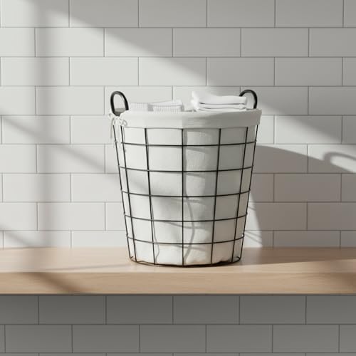 16" Diameter Laundry Basket Metal Wire with Fabric Liner Round Storage Organizer Decorative Bin Laundry Hamper Modern Home Organizer for Bedroom Bathroom Living Room Closet