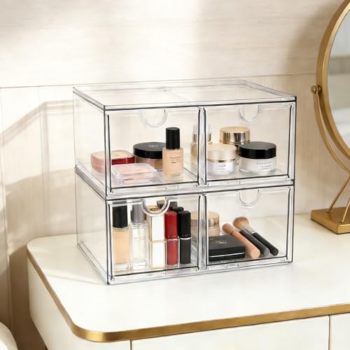 Prsildan Stackable Clear Makeup Organizer, 2 Pack Acrylic Storage Drawers with 4 Drawers for Vanity Bathroom Office Desk Modular Drawer System for Cosmetics Jewelry Toiletries Home Organization - style: Style2-4Drawers