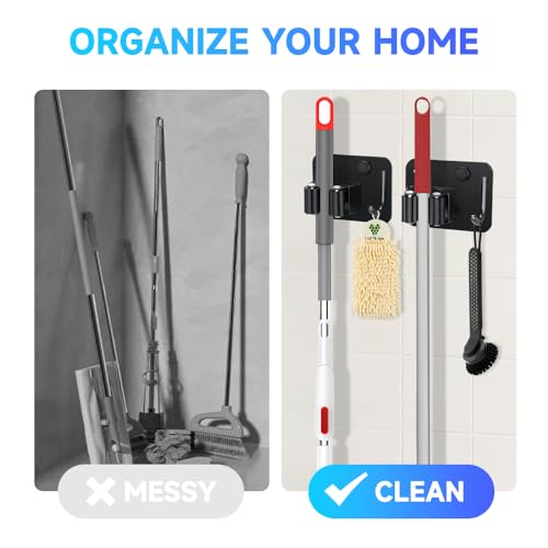 JAMEND CLXP 2-Pack Broom Holder with Heavy Duty Hooks, Upgraded Stainless Steel Mop Hanger. Wall Mount Utility Tool Rack for Kitchen Garden Laundry Garage. Matte Black. - color: 2PCS-Matte Black+Hook