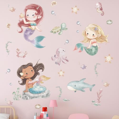 Ocean Mermaid Wall Decals - Under The Sea Marine Fish Whale Turtle Seaweed Grass Wall Stickers - Bathroom Baby Kids Nursery Girls Bedroom Daycare Wall Decor