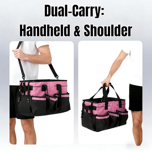 Tool Organizer Tote Bag, Pink and Black, Large Capacity with Adjustable Compartments, Portable Cleaning Storage Caddy, 14.96x10.63x9.06 Inches - color: Pink