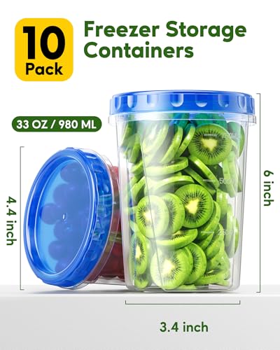 Canfanni 10 Pack-33oz Freezer Storage Containers Set, Plastic Food Storage Containers with Twist Top Lids, BPA Free Stackable Soup Containers for Overnight Oats/Salad/Leftover/Soup/Ice Cream