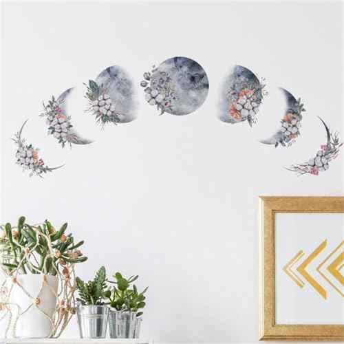 Moon Phase Wall Stickers, 7 Pieces Removable Moon Phase Plants Flower Wall Stickers Decals, Peel and Stick Modern Boho Stickers, Wall Art Decoration for Living Room Bedroom Kids Room Home Office Dorm