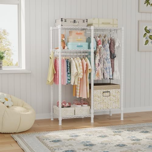 Ulif F1 Garment Rack for Kids, Baby, Students, and Children's Room, 4 Tiers Freestanding and Portable Heavy Duty Closets, Small Metal Clothes Rack with 2 Hanging Rod, 31.2" W x 11.8" D x 48" H, White - color: White