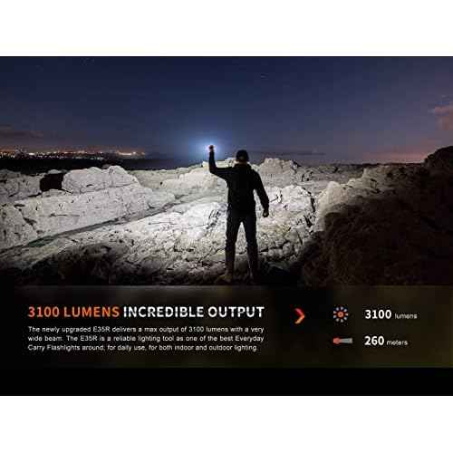 Fenix E35R 3100 Lumen USB Rechargeable LED Compact EDC Flashlight, Battery EdisonBright Accessory case Bundle