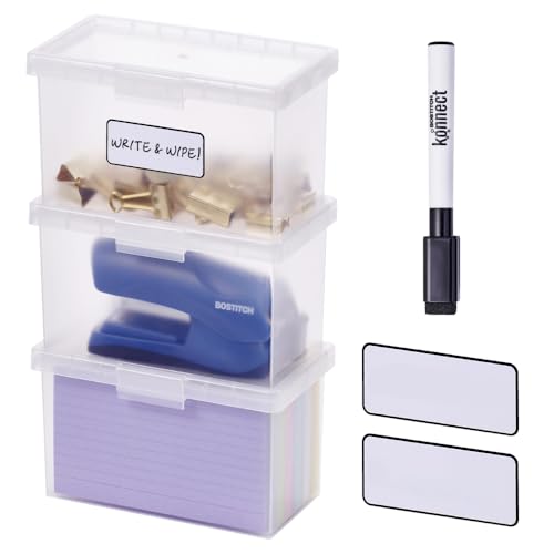 Bostitch Konnect Storage Containers with Lids, Office Organizer, Clear Plastic Box, Stackable for Index Cards, Labels, 1 Qt, 3 Pack - size: 3-Pack