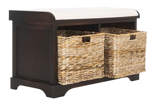 SAFAVIEH Home Collection – Freddy Brown Storage Bench with Wicker Baskets & Cushion, Entryway Seating Bench, Fully Assembled (AMH5736A) - color: Brown