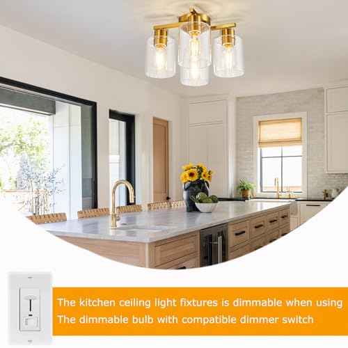 4 Light Semi Flush Mount Ceiling Light Brushed Gold Kitchen Lighting Fixtures Ceiling Brass Hallway Cieling Lights Fixture with Clear Glass Shade for Bedroom Dining Room