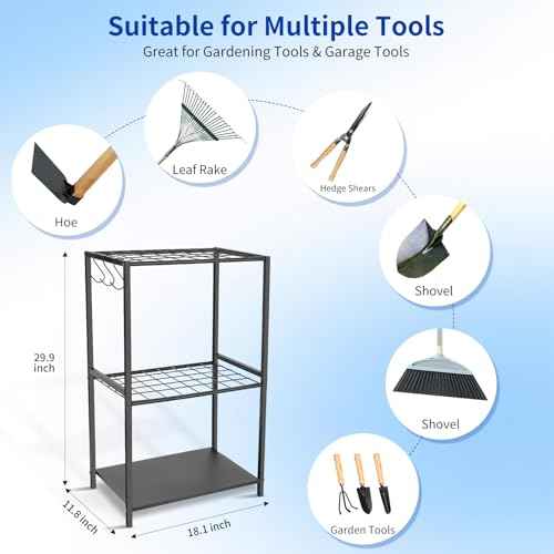 Garden Tool Organizer - Yard Tool Storage and Organizers, Utility Rack with 3 Hooks, Garden Yard Tool Stand Tower Racks, Tool Holder for Broom, Shovel, Rake, Mop, Garage Organization, Black