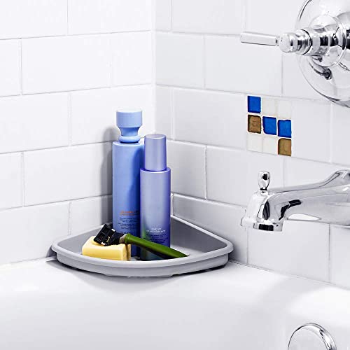 madesmart Bathtub Corner Shelf, Storage for Soaps, Shampoo Bottles & Bath Accessories, Strong Suction Cup, Drainage Holes, Grey