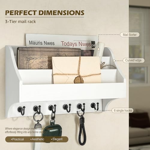 Rebee Vision Pine Wood Key Holder Wall Mount - Rustic Mail Holder for Wall with Key Hooks & 3-Tire Letter Slots - Multifunctional Key Holder on Wall for Entryway Storage (White) - color: White
