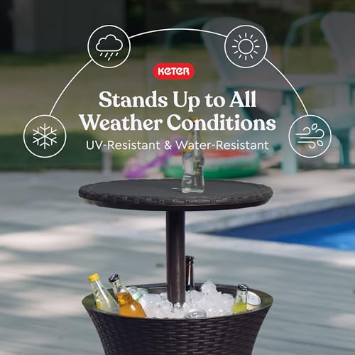 Keter Pacific Cool Bar Outdoor Patio Furniture and Hot Tub Side Table with 7.5 Gallon Beer and Wine Cooler, Espresso Brown