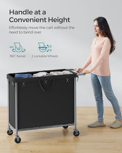 SONGMICS Laundry Basket with Wheels, 3-Section Rolling Laundry Hamper, 52.8 Gallons (200 L), Removable Liner, Steel Frame with Handle, 35.8 x 15.4 x 31.9 Inches, Ink Black URLS005B01 - color: Ink Black, size: 200 L (3-Section), style: Rectangular with han