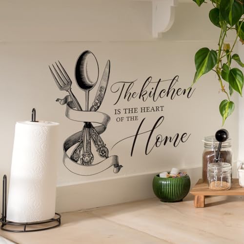 Kitchen-Themed Wall Decal - 'The Kitchen is The Heart of The Home' with Silver Utensils Design The Wall Decal adds a Warm and Functional Touch to Your Kitchen, Easy Peel & Stick