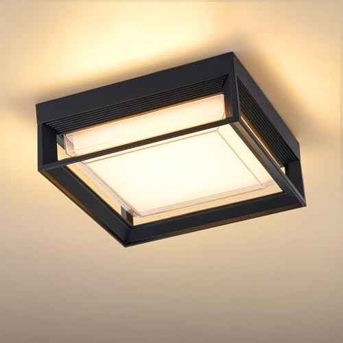 Square Flush Mount Outdoor LED Ceiling Light Fixture, 120V 24W 3000K 9 inch Medium Overhead Porch & Patio Lights Ceiling Mounted, Waterproof Suitable for Wet Areas, Black