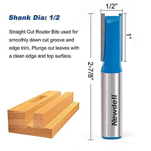 Straight Cut Router Bits, Newdeli 3pcs 1/2 Shank Double Flute Straight Router Bit Set Straight Dado Wood Milling Cutter with 1/4", 3/8", 1/2" (Dia.)