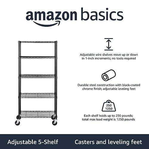 Amazon Basics 5-Shelf Heavy Duty Garage Shelving Storage Rack with 4" Wheel Casters, Adjustable Metal Wire Organizer, 300 lbs Per Shelf, 30" x 14" x 64.75", Black - color: Black