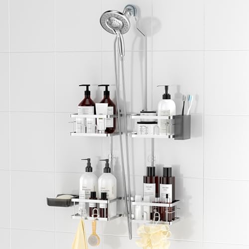 REINHARDT Adjustable Shower Caddy Hanging Rustproof Shower Caddy for Handheld Showerheads, Shower Organizer with Hooks Soap Holder, Anti-Swing Shower Rack Bathroom Accessories, Silver - color: Silver