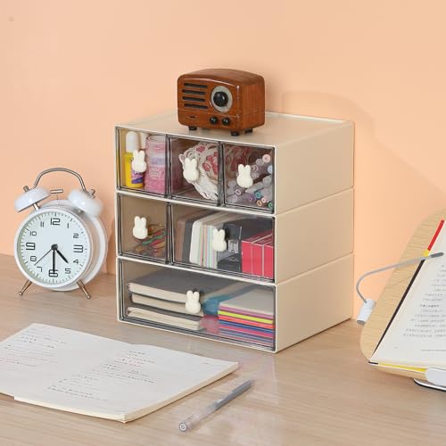 Desktop Storage Drawers, Plastic Desk Organizer with 6 Drawers, Modular Stackable Toolbox Units for Office Stationary, Makeup Container, Bathroom Countertop (3 Tiers, Cream & Clear) - color: 3 Tall Layers & 6 Drawers, Cream & Clear