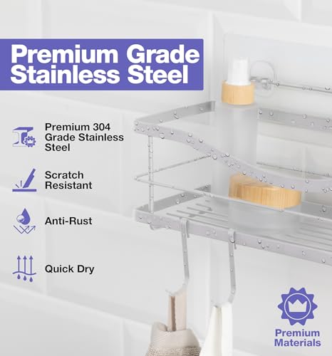KINCMAX Shower Caddy and Soap Holder, Rustproof SUS304 Stainless Steel, Adhesive Wall Mount Double Baskets 3-pack with Hooks (Polished Silver) - color: Polished Silver, size: 2-Pack Caddies + Soap Holder
