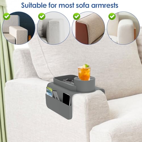 Silicone Sofa Armrest Tray with Dual Side Pockets, Anti-Slip Couch Cup Holder, Silicone Armchair Cup Holder for Drinks, Phone & Snacks, Arm Organizer for Living Room, Recliner, Car (Grey) - color: Grey