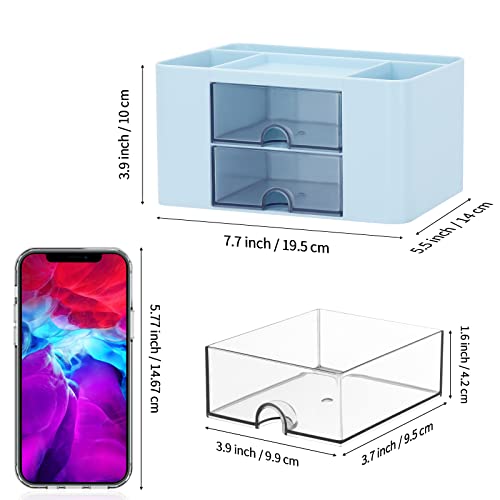 Desk Organizer with 2 Drawer, Plastic Desktop Pen Pencil Card Holder Storage Box for Desk, Office Supplies, Vanity Table Office School Home (Blue) - color: Blue