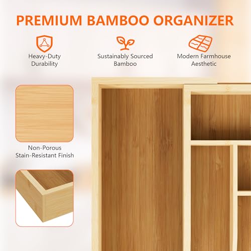 Expandable and Adjustable Bamboo Drawer Organizer Tray - Cutlery Drawer Organizer for Kitchen Utensils, Silverware Organizer with Dividers, 7-9 Slots with Curved Grooves (Natural) - size: 7-9 Slots