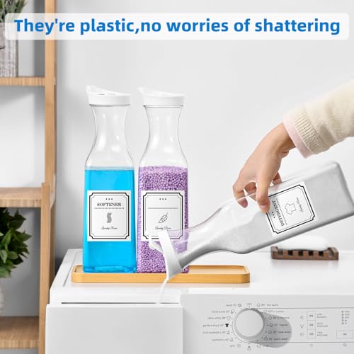 Laundry Detergent Dispenser,54OZ Laundry Soap Dispenser,Liquid Laundry Detergent Container,Fabric Softener Dispenser with Bamboo Wood Tray,Laundry Room Organizer with 4 Labels - color: White With Bamboo Tray