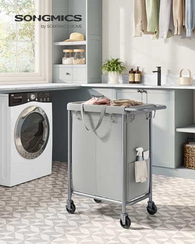 SONGMICS Laundry Basket with Wheels, 2-Section Rolling Laundry Hamper, 37 Gallons (140 L), Removable Liner, Steel Frame with Handle, 27.2 x 15.4 x 31.9 Inches, Dove Gray URLS004G01 - color: Dove Gray, size: 140 L (2-Section), style: Rectangular with handl
