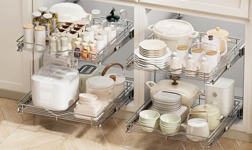 DINDON 2 Tier Pull Out Cabinet Organizer (17" W x 18" D) Heavy-Duty Metal Sliding Drawer Shelf, Two Tier Pull Out Shelves for Kitchen Cabinets, Pantry, Bathroom, Chrome Finish - size: 17'' W X 18'' D