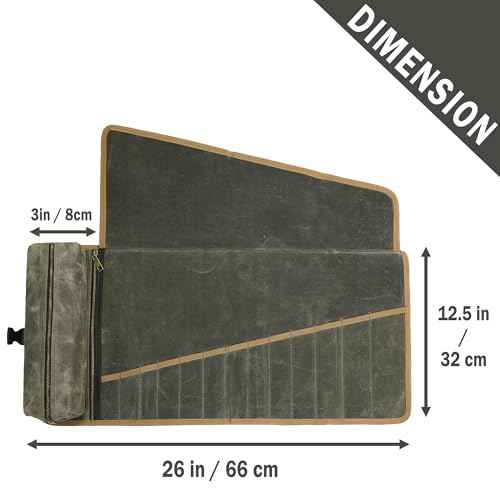 Canvas Tool Roll, Heavy Duty 16oz Waxed Canvas Wrench Roll - with Regular Tool Slots + 2 Zippered Pockets - Army Green, Portable Roll Up Wrench Organizer for Craftsman Contractor Repairman Gardener