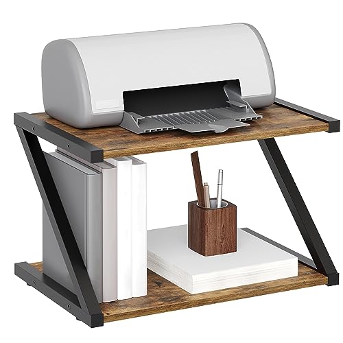 YATINEY Desktop Printer Stand, 2-Tier Printer Table with Storage Shelf, Under Desk Printer Stand for Office, Open Organizer Shelf, Easy Assembly, Rustic Brown PS02BR