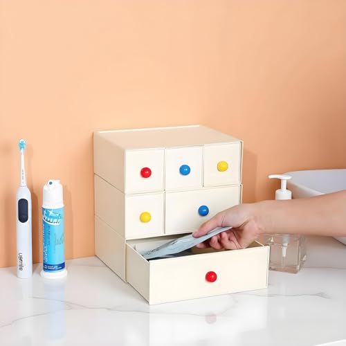 Desktop Storage Drawers, Plastic Desk Organizer with 2 Drawers, Modular Stackable Toolbox Units for Office Stationary, Makeup Container, Bathroom Countertop (1 Tall Layer, Cream) - color: 1 Tall Layer & 2 Drawers, Cream