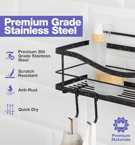 KINCMAX Shower Caddy and Soap Holder Set, Rustproof SUS304 Stainless Steel, Adhesive Wall Mount Double Baskets 2-pack with Hooks (Matte Black) - color: Matte Black, size: 2-Pack Caddies + Soap Holder