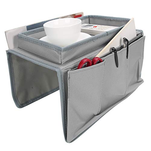 Sofa Armrest Organizer with Cup Holder Tray,4 Pockets Armchair Caddy Bedside Storage Pockets Bag 11.8x7.1x7.1inch TV Remote Control Organizer Armchair Couch Bag (Grey) - color: Grey