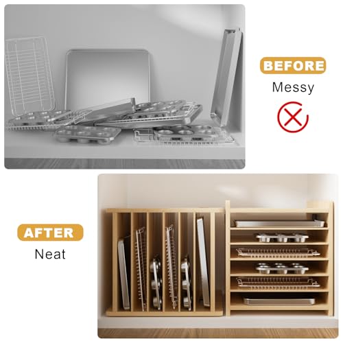 7 Tier Wooden Cookie Sheet Organizer for Cabinet Pot, Pans, Baking Tray Organizer for Kitchen Documents Storage(16.6" W x 16.5" H x 15.2" D) - size: 16.6" W x 16.5" H x 15.2" D